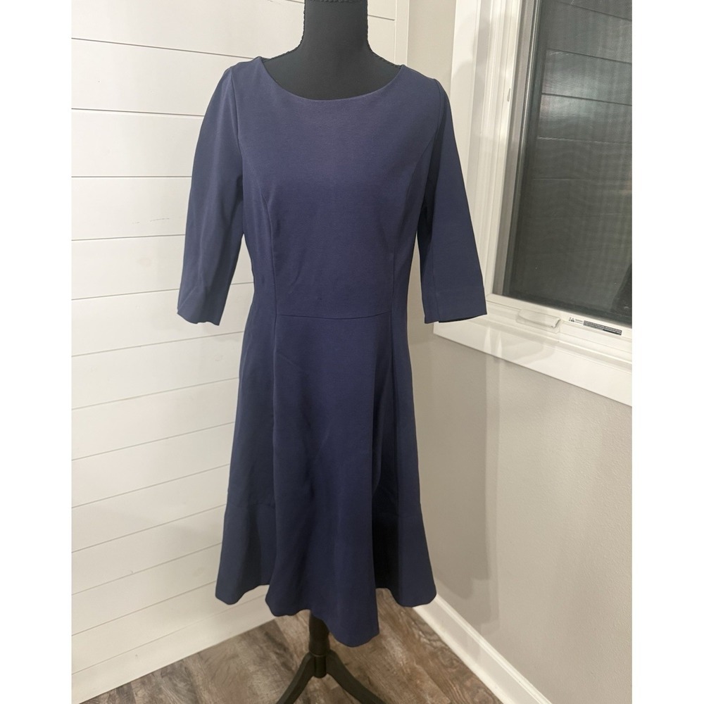 Boden Navy Solid Scoop Neck 3/4 Sleeve A-Line Knee Dress US 10L Tall